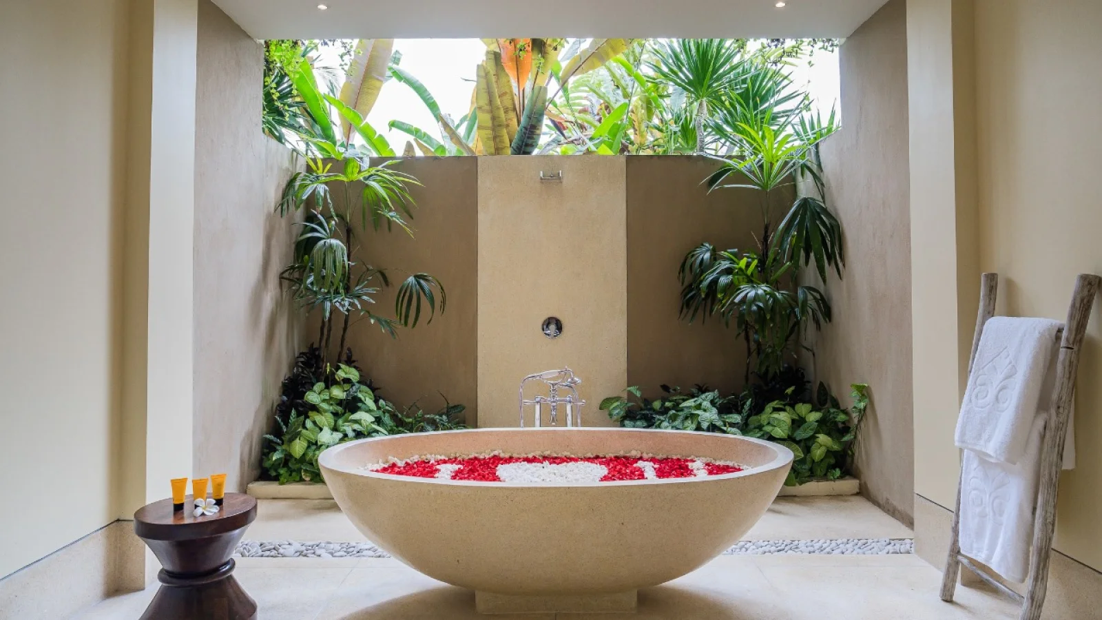 Open-Air Bathroom with Jacuzzi and Rain Shower